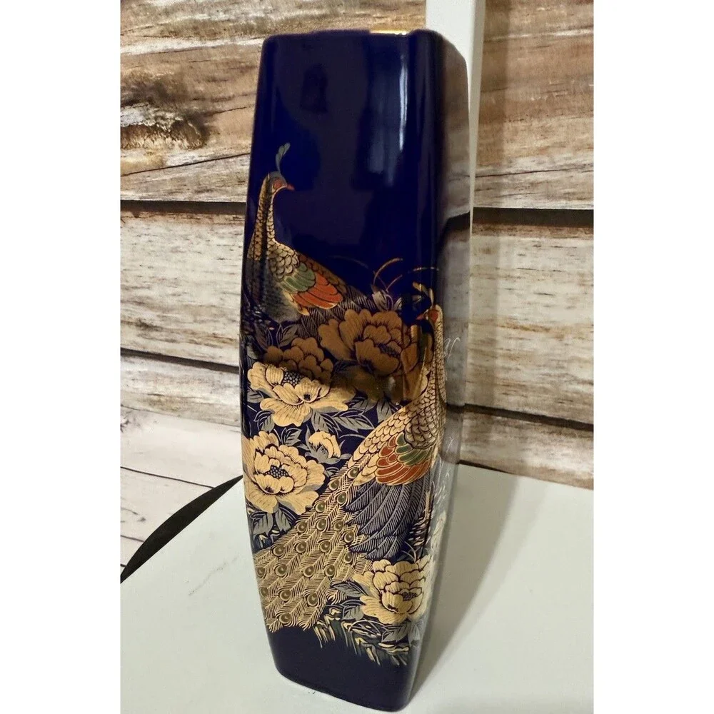 Japanese Colbalt Blue Vase Pheasant & Peony Floral Design Vintage Original